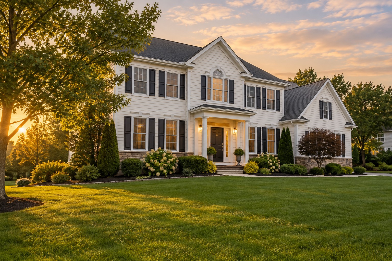 A South Jersey residential street near Moorestown at golden hour, illustrative