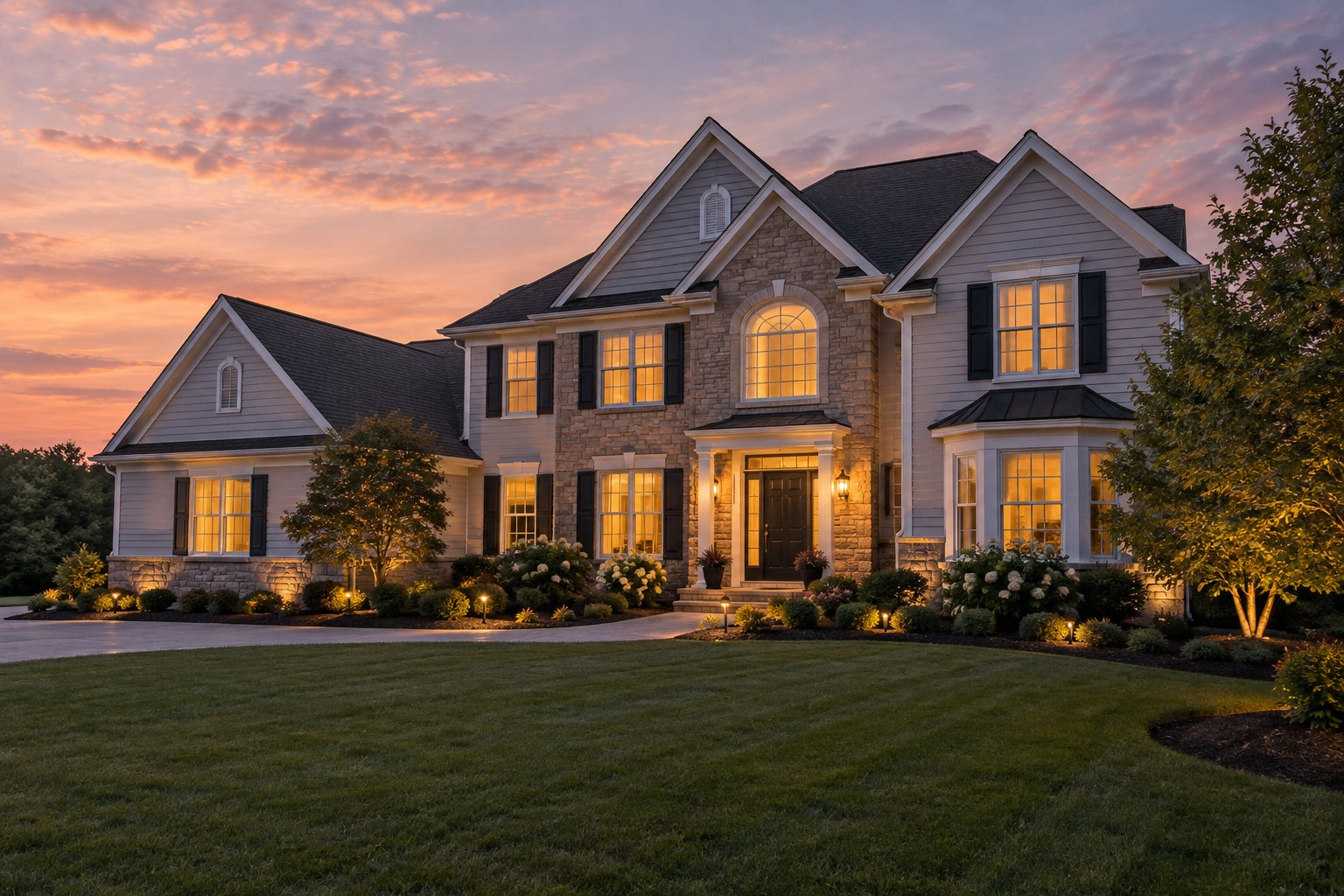 A South Jersey home exterior at dusk, illustrative